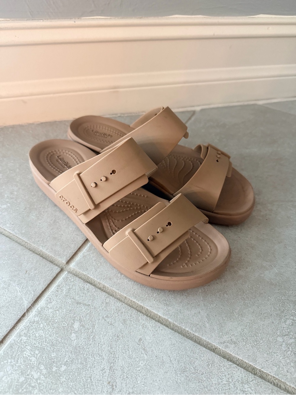 CROCS Women’s Double Strap Slide Sandals in Tan
